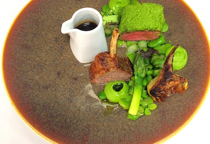 Roasted Herdwick lamb, pea crust, morels, asparagus, red wine jus